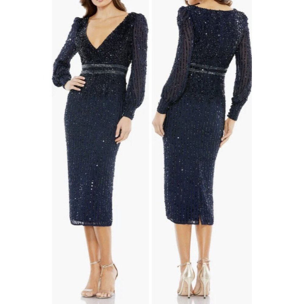 NEW $398 Mac Duggal Sequin Long Sleeve Body-Con Midi Cocktail Dress Midnight 12